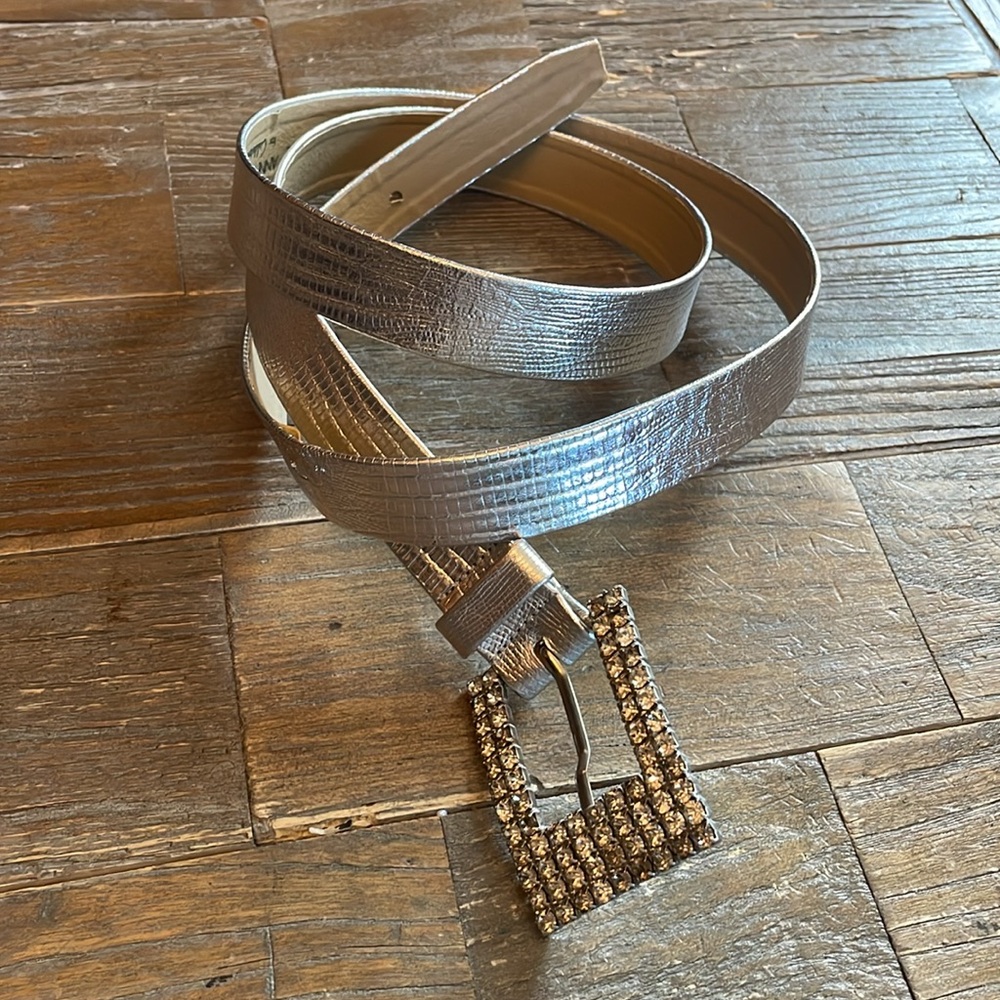 Vintage Anne Klein for Calderon Silver Leather Rhinestone Skinny Belt🖤